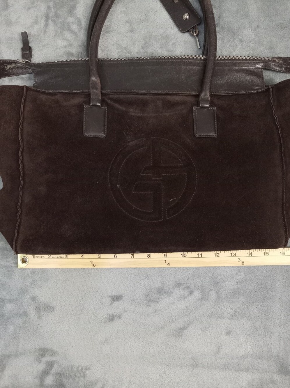Georgio Armani Dark Brown Suede Women's Tote Bag with Leather Handles One Size - Picture 9 of 9